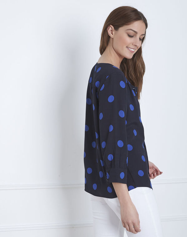 Versailles navy polka dot blouse with eyelet neckline navy.