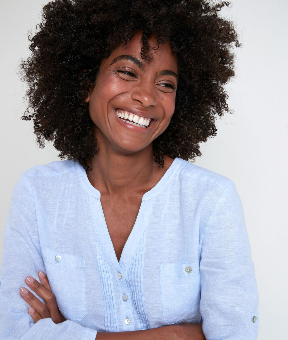Roma azure linen blouse sky blue.