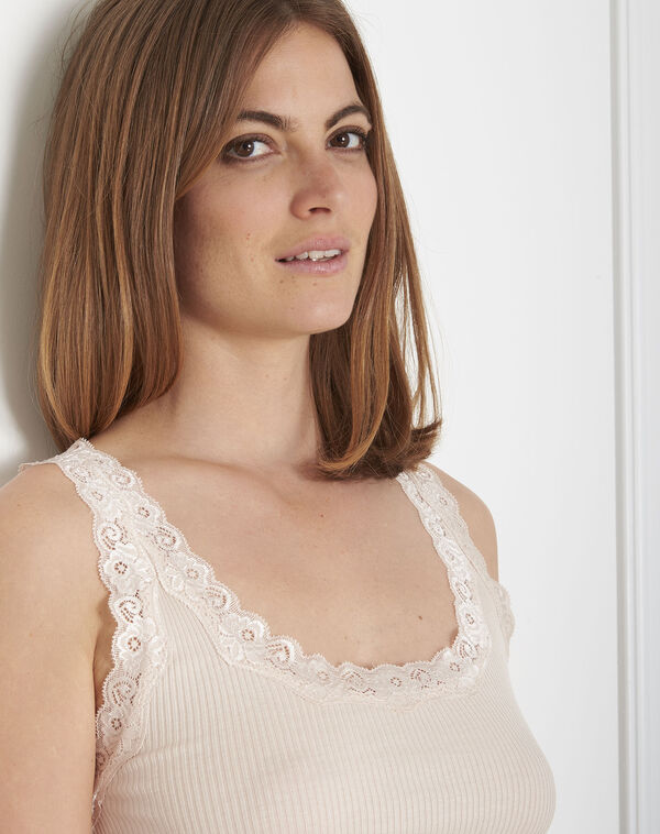 Guest nude silk and cotton tank top with lace neckline salmon.