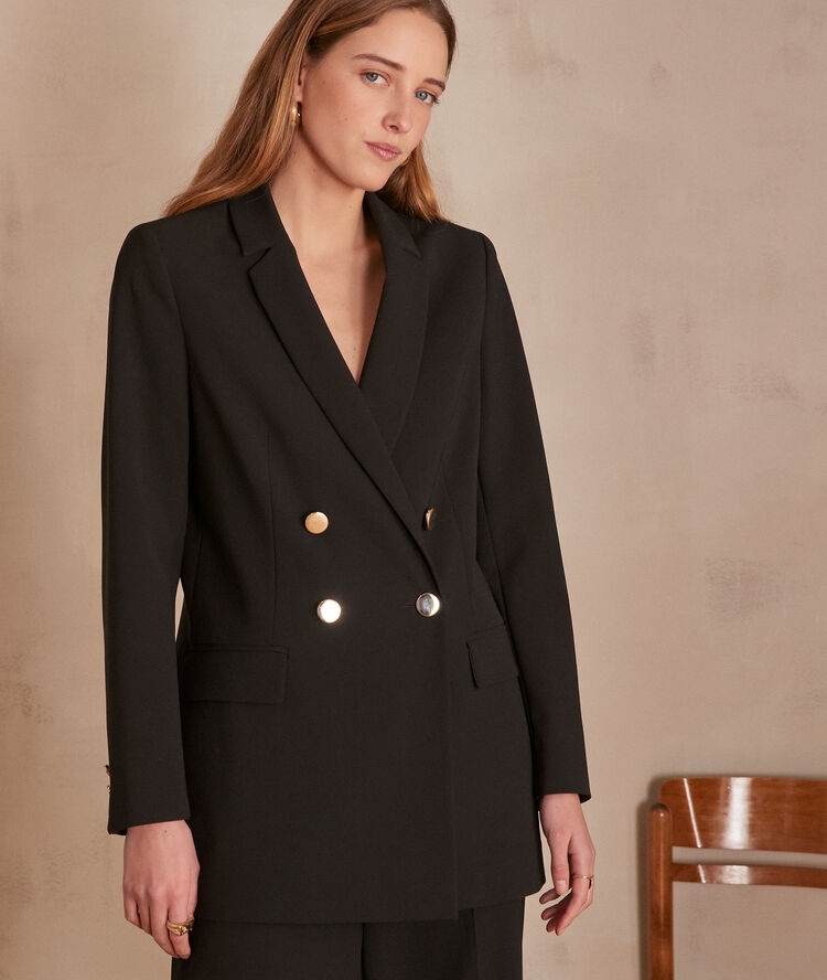 Florine microfibre long black double-breasted jacket black.