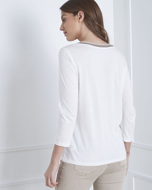 Beige t-shirt with lurex sequin neckline ecru.