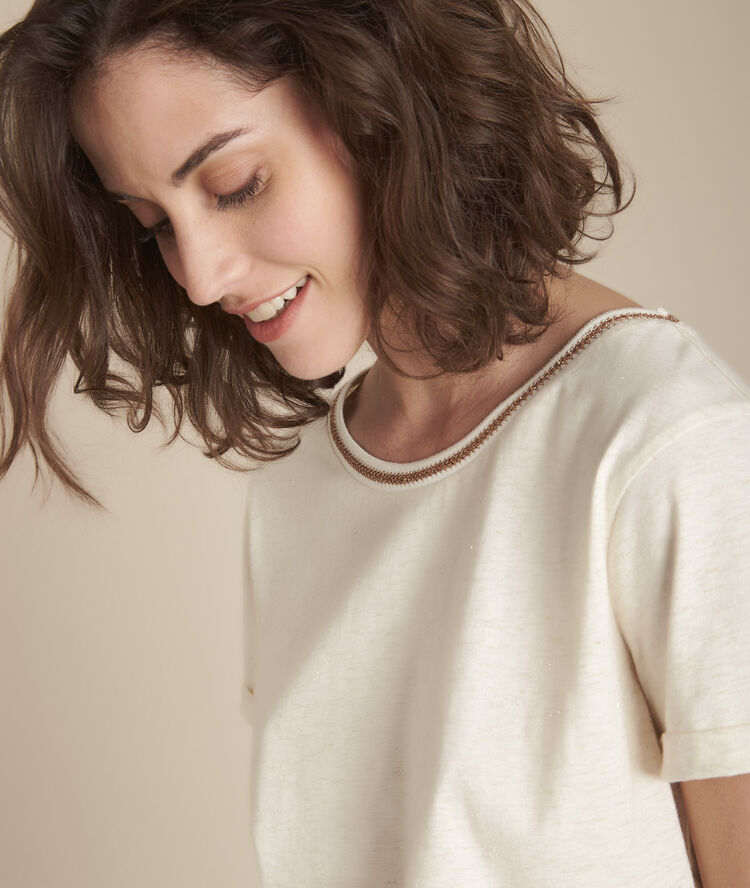 Clara beige lurex neckline t-shirt grey/ white.