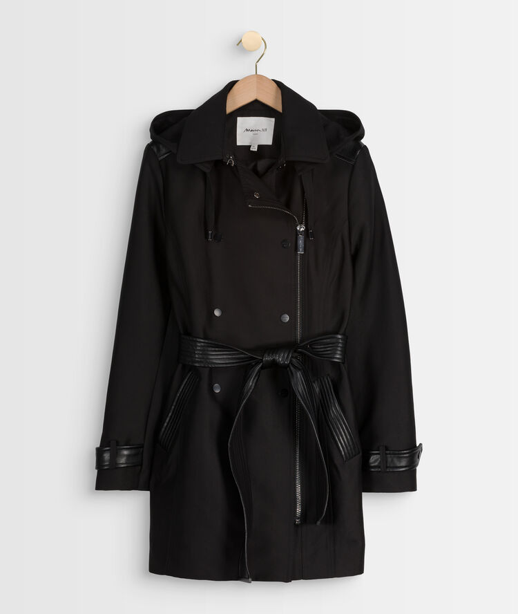 Sakura 3/4-length trench coat with faux leather detailing. noir.