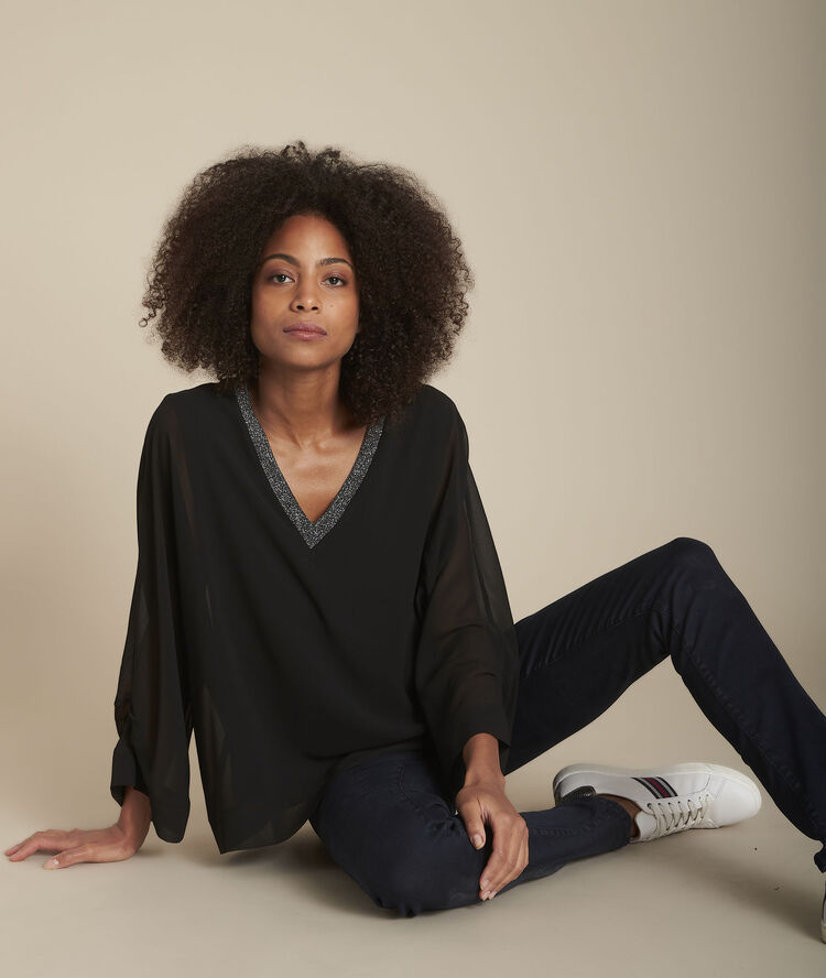 Mara black shiny v-neck blouse black.