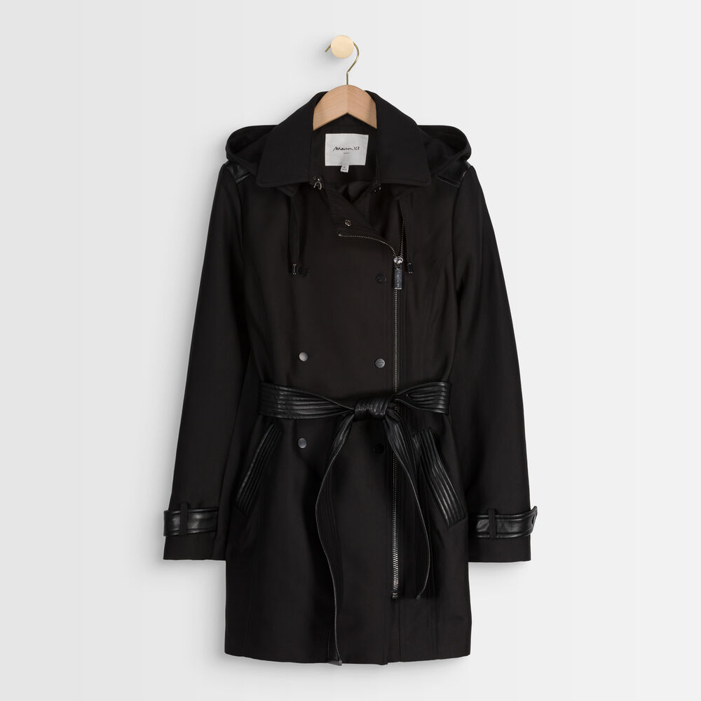 Sakura trench coat with faux leather panel noir.
