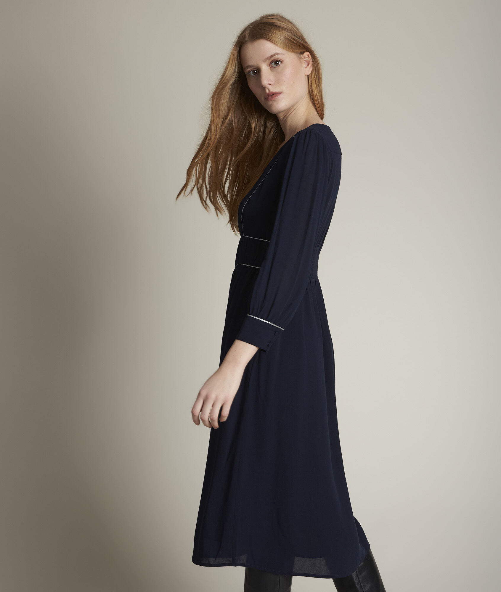 navy blue fit and flare dress