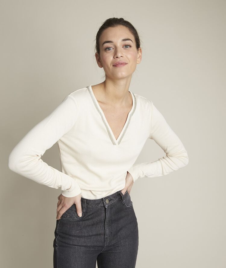 Rabat ivory t-shirt with a henley neck string.