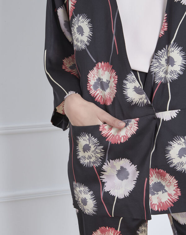 Flore satin-effect black floral print kimono black.