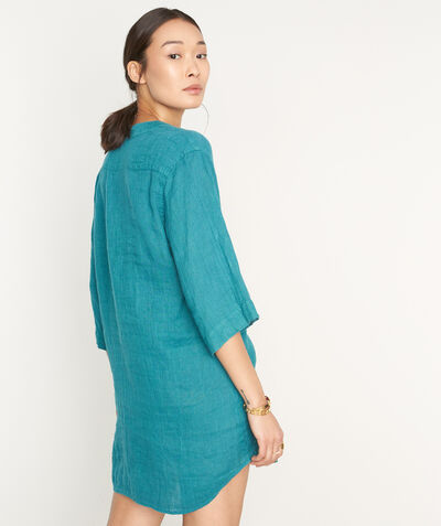 Hannae turquoise linen short dress with shirt-tail hem PhotoZ | 1-2-3