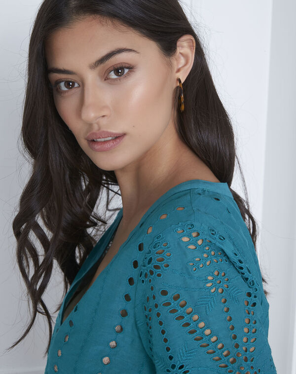 Voltaire green eyelet embroidered blouse turquoise.