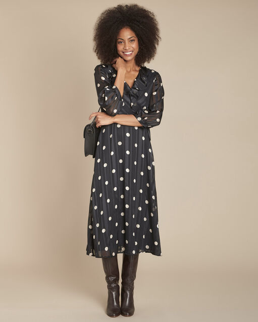 Renata black polka dot dress with ruffled neck (2) - Maison 123