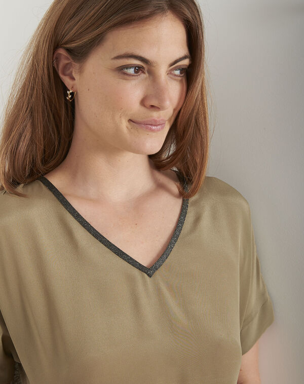 Vilma khaki silk top with lurex neckline olive.