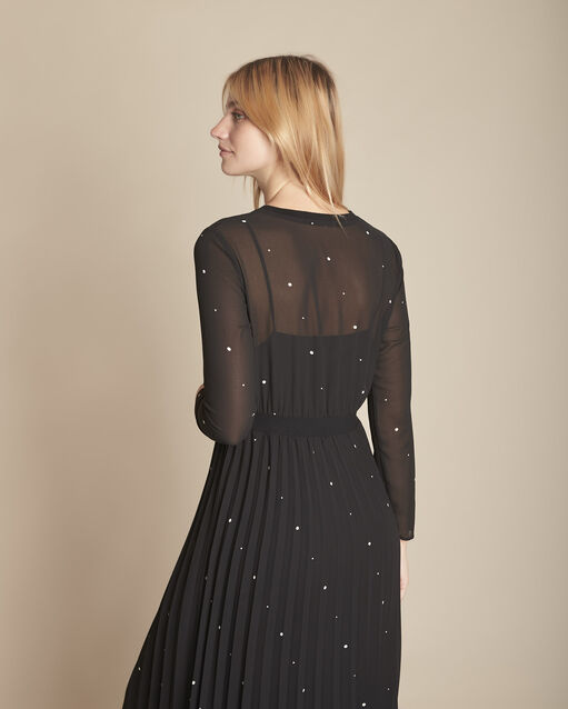 Iola long black pleated polka dot dress black.