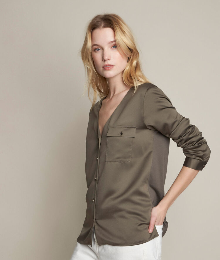 Rachel buttoned two-fabric top khaki.