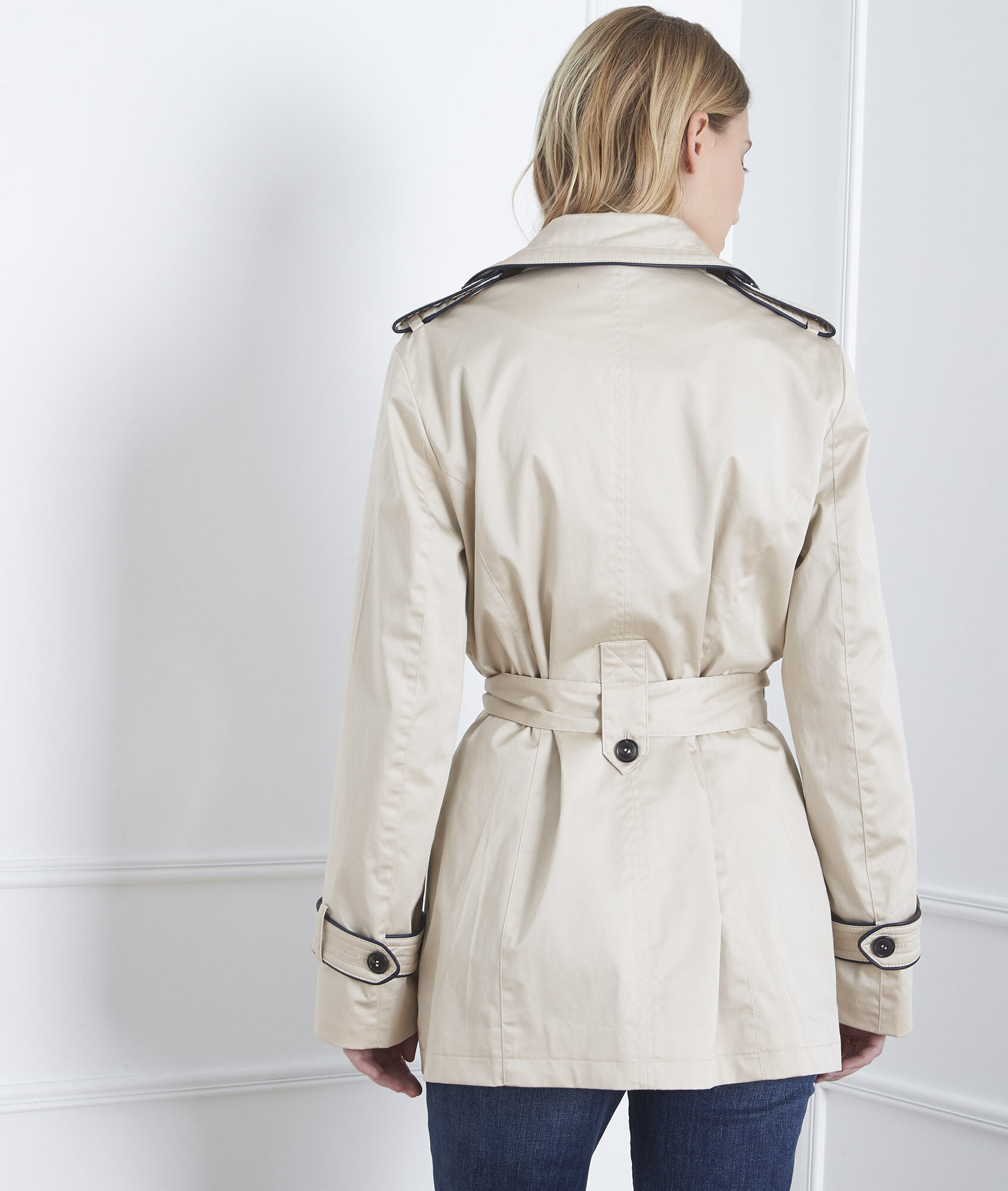 short beige trench coat