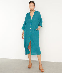 Hajar turquoise linen long buttoned dress PhotoZ | 1-2-3