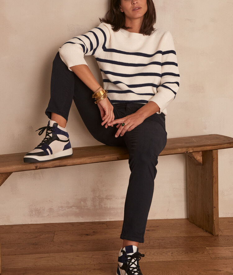 The iconic sultan navy slim-fit cotton satin trousers navy blue.