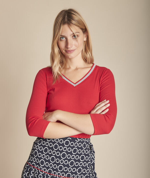 Calypso red T-shirt with fancy V-neckline | 1-2-3 Calypso red T-shirt with fancy V-neckline PhotoZ | 1-2-3