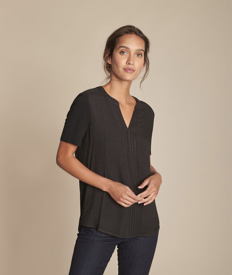 Maeline black dual fabric openwork blouse black.