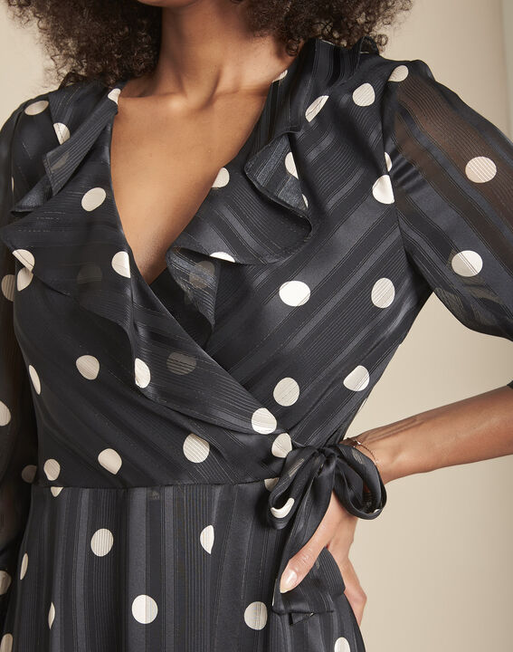 Renata black polka dot dress with ruffled neck | 1-2-3 Renata black polka dot dress with ruffled neck PhotoZ | 1-2-3
