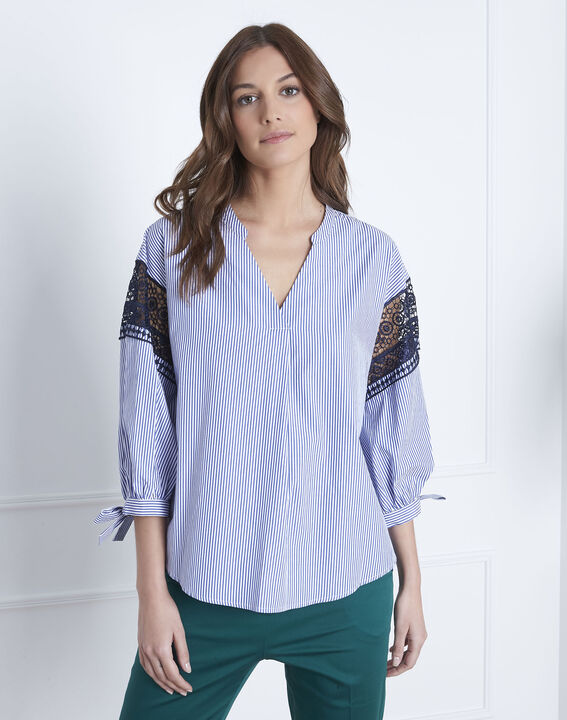 Veronique embroidered blue striped blouse | 1-2-3 Veronique embroidered blue striped blouse PhotoZ | 1-2-3