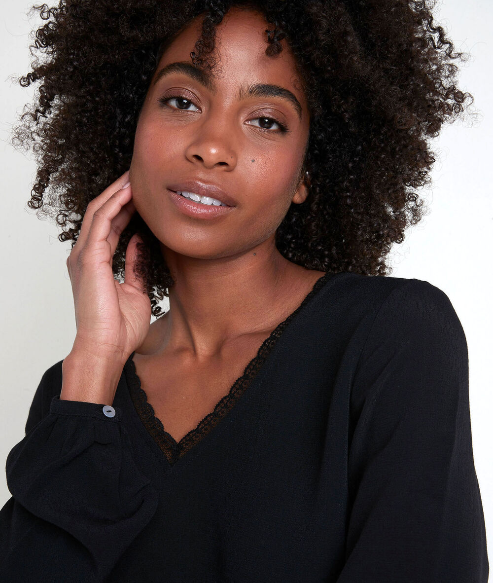Wilson black dual-fabric v-neck top noir.