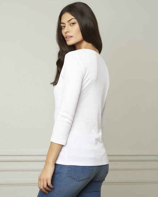 Basic white t-shirt with v-neck eyelet neckline white.