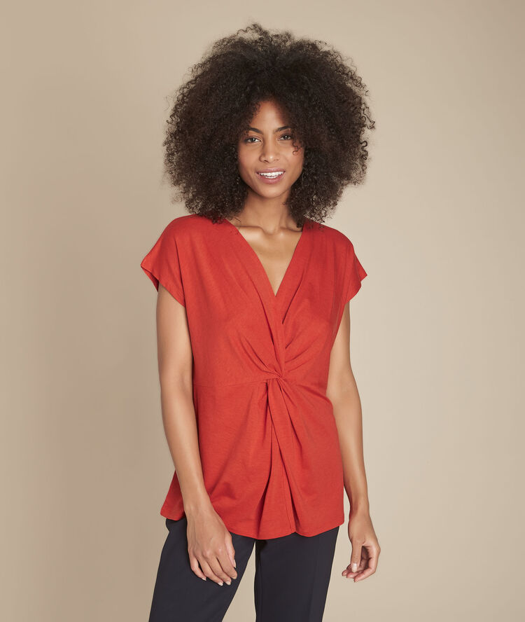 Carine orange pleated wrap-over t-shirt terracotta.