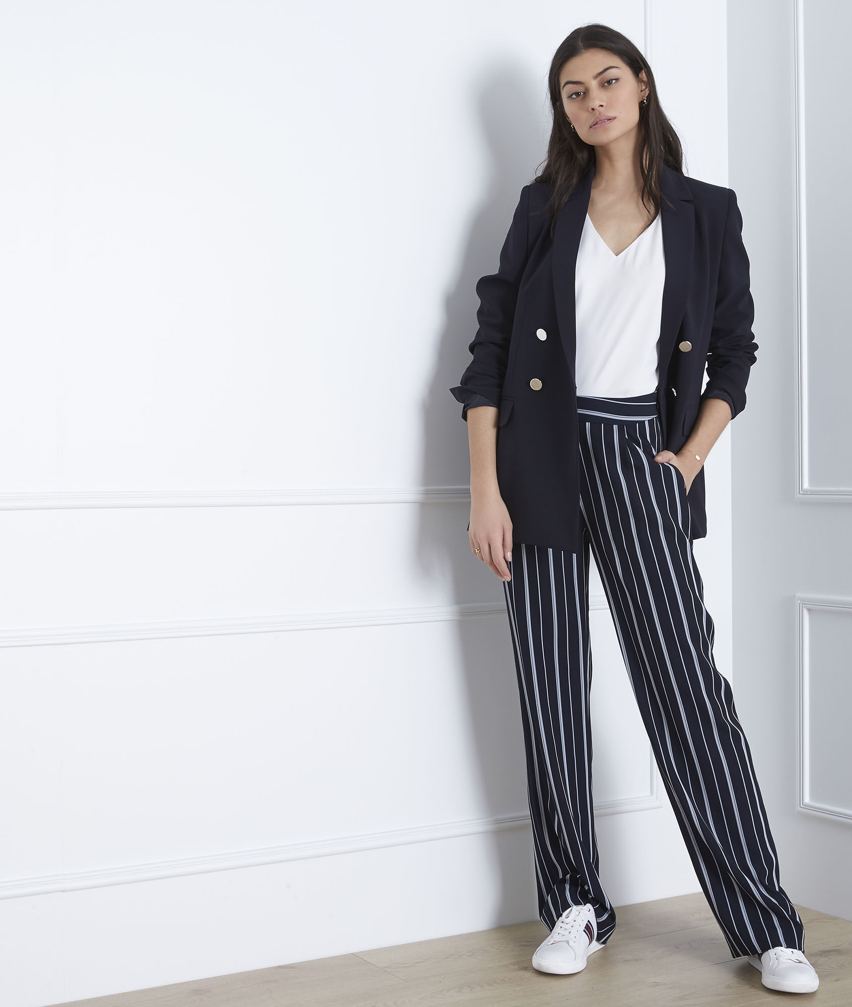 navy striped trousers