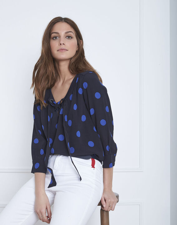 Versailles navy polka dot blouse with eyelet neckline | 1-2-3 Versailles navy polka dot blouse with eyelet neckline PhotoZ | 1-2-3