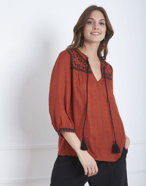 Vadim mahogany embroidered blouse with pompoms | 1-2-3 Vadim mahogany embroidered blouse with pompoms PhotoZ | 1-2-3