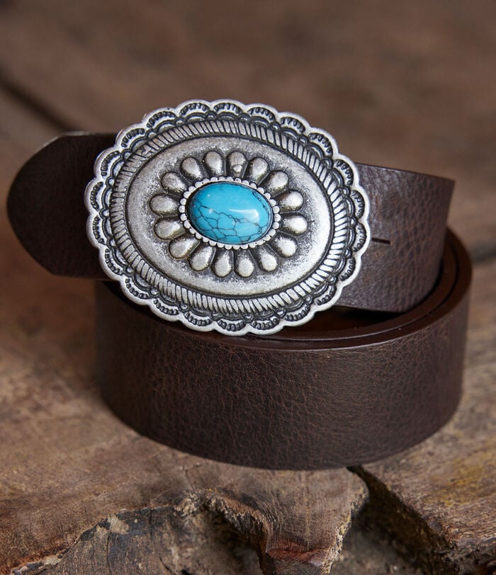 David leather belt with turquoise buckle