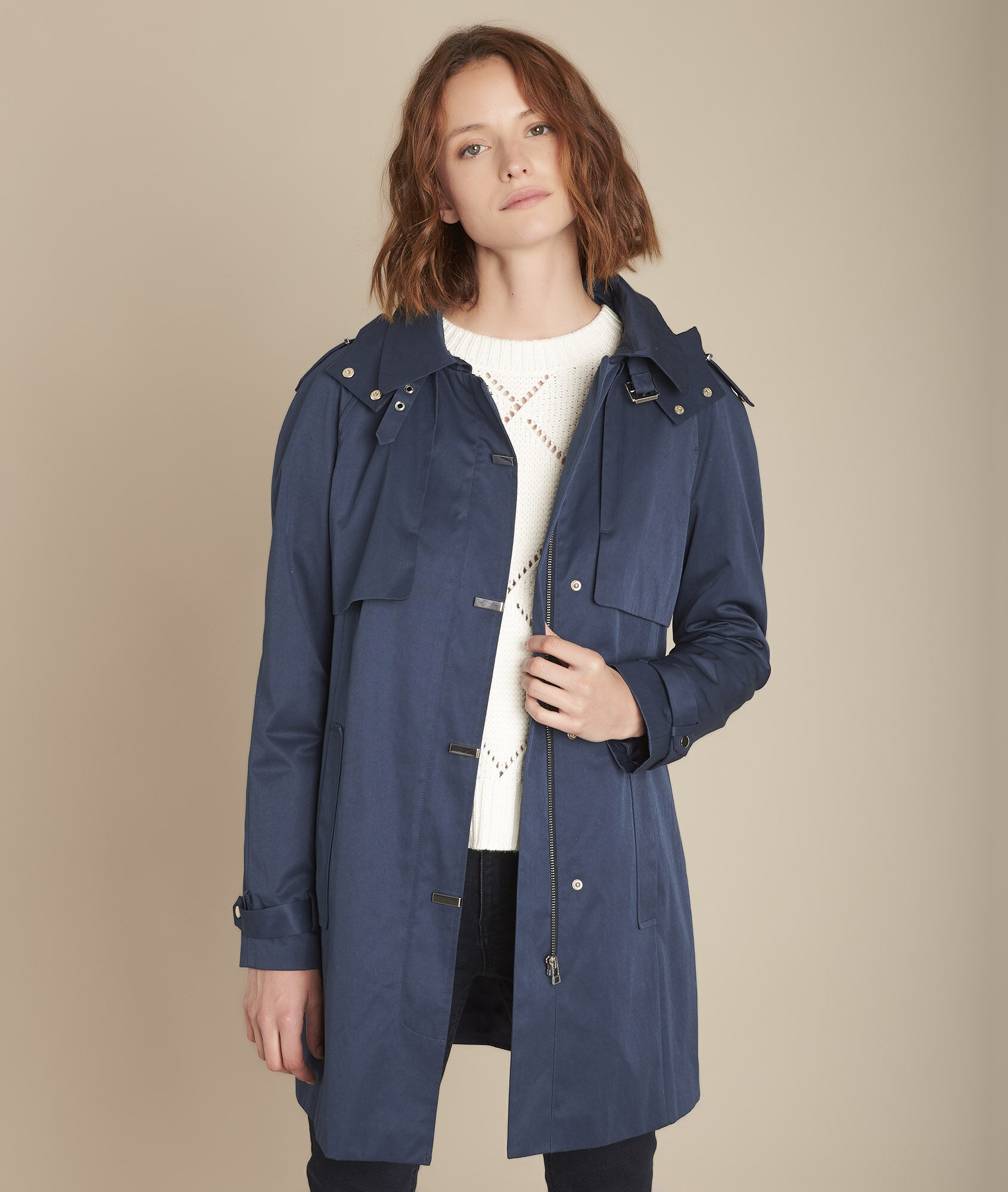 grey hooded trench coat
