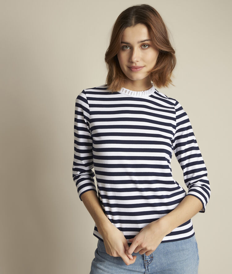 Rainbow striped t-shirt with stand-up collar ink.