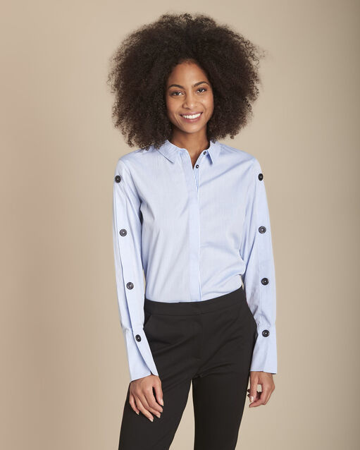 Mandy blue poplin shirt with button details on sleeves sky blue.