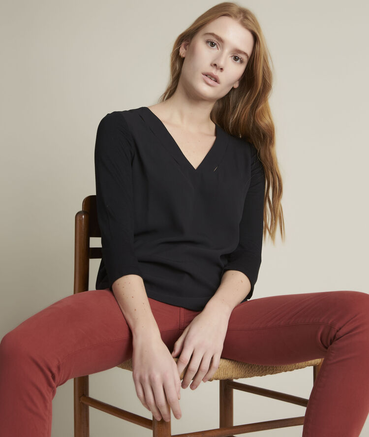 Eliott black top in two fabrics black.