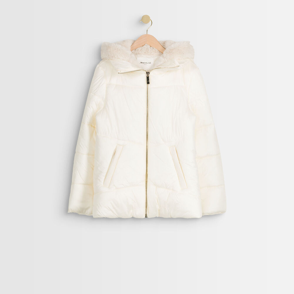 Baiko short down jacket with fake fur creme.