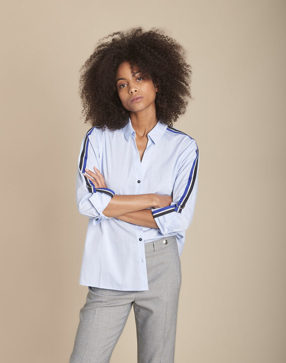 Mauranne blue poplin blouse with contrasting braid details | 1-2-3 Mauranne blue poplin blouse with contrasting braid details PhotoZ | 1-2-3