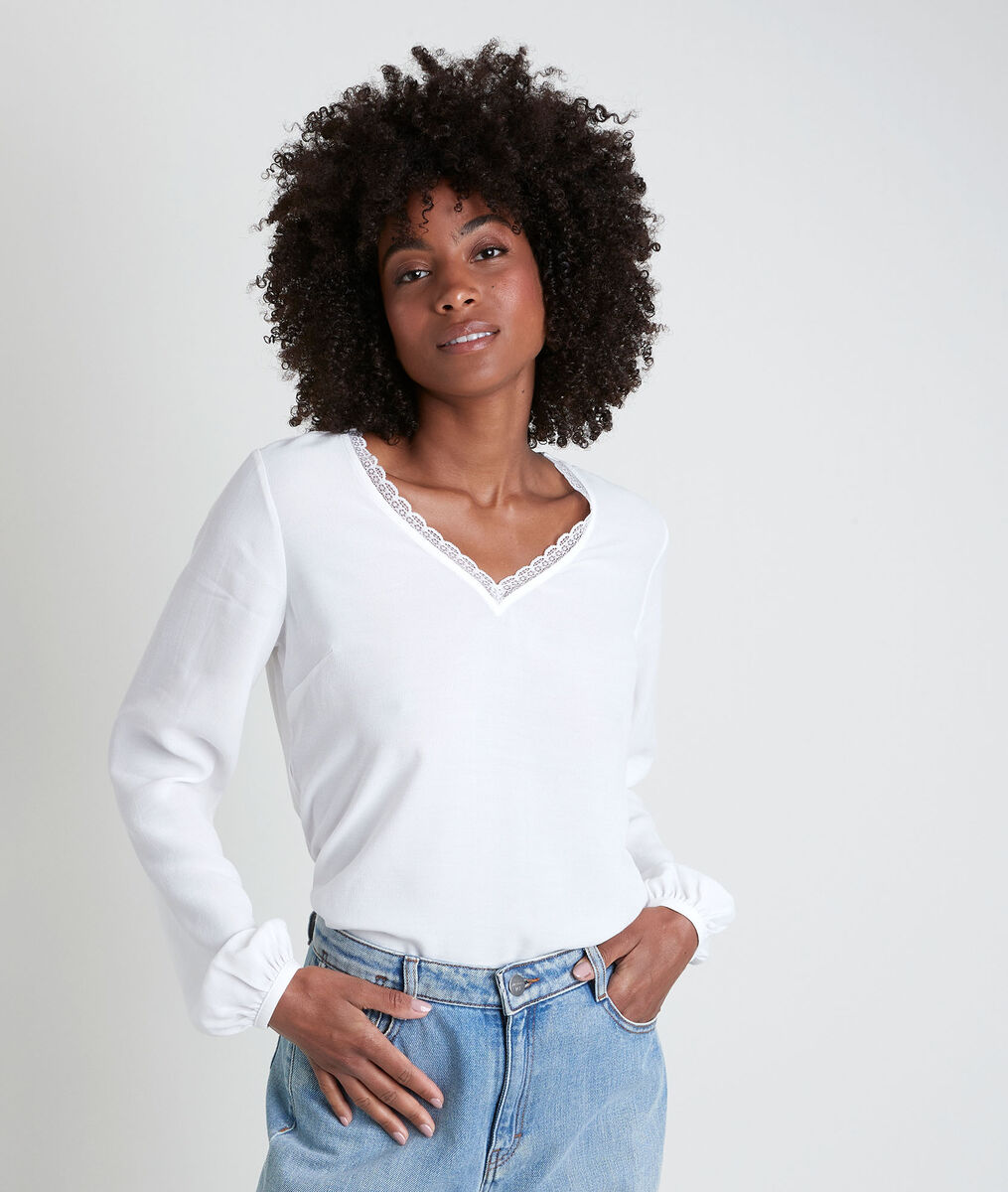 WILSON ecru dual-fabric V-neck top | 1-2-3 WILSON ecru dual-fabric V-neck top PhotoZ | 1-2-3