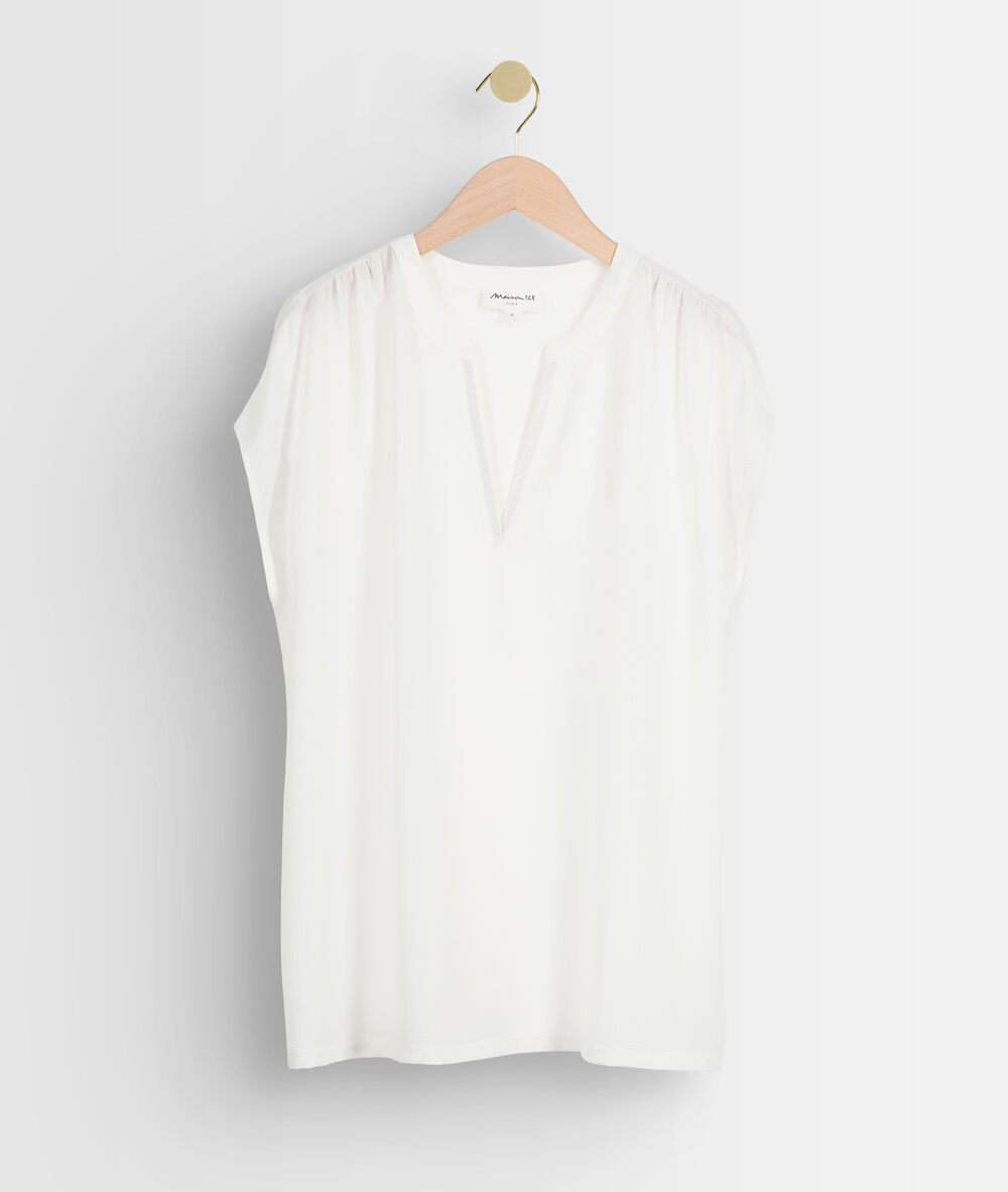Wallas ecru dual-fabric v-neck top ecru.