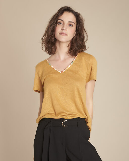Capri yellow linen T-shirt with embroidered neckline (2) - Maison 123