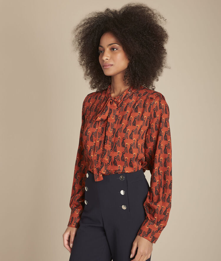 Majda mahogany printed lavaliere collar blouse caramel.
