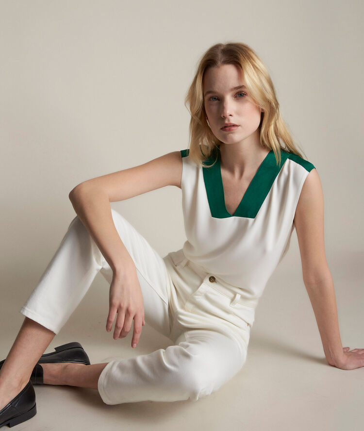 Elisa white two-fabric top sage.