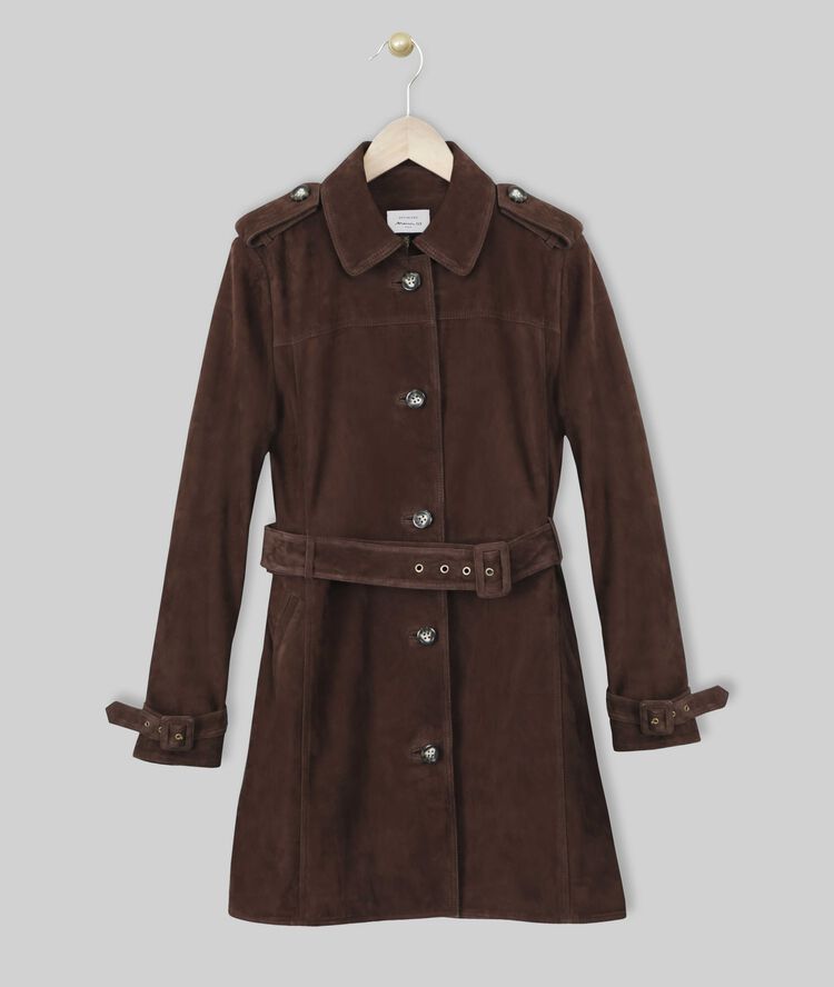 Qleo ebony suede leather trench coat greige.