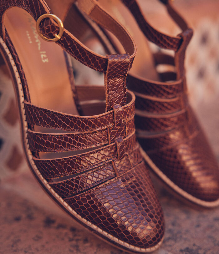 Vaya brown snakeskin-effect leather Mary Janes PhotoZ | 1-2-3
