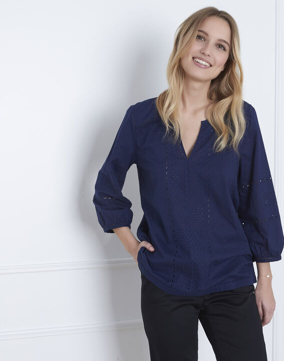 Verveine navy blouse with broderie anglaise | 1-2-3 Verveine navy blouse with broderie anglaise PhotoZ | 1-2-3