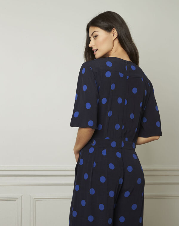 Lamberta navy polka dot print flared jumpsuit navy.