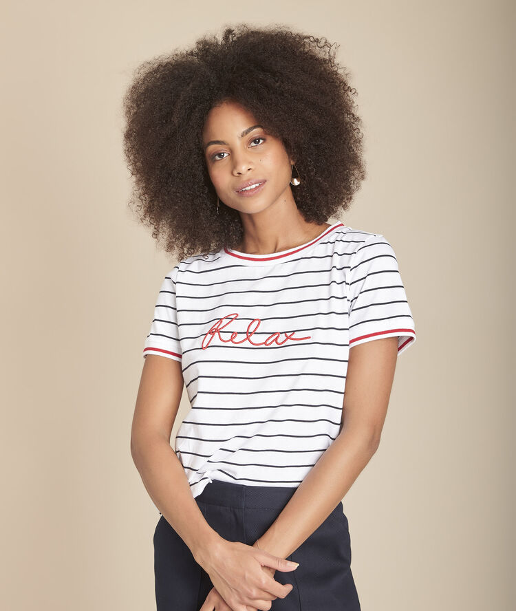 Cabourg white striped t-shirt with embroidered message white.