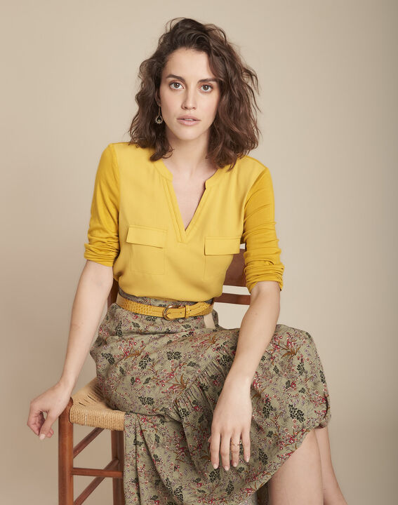 Genna lime green V-neck dual-fabric blouse | 1-2-3 Genna lime green V-neck dual-fabric blouse PhotoZ | 1-2-3