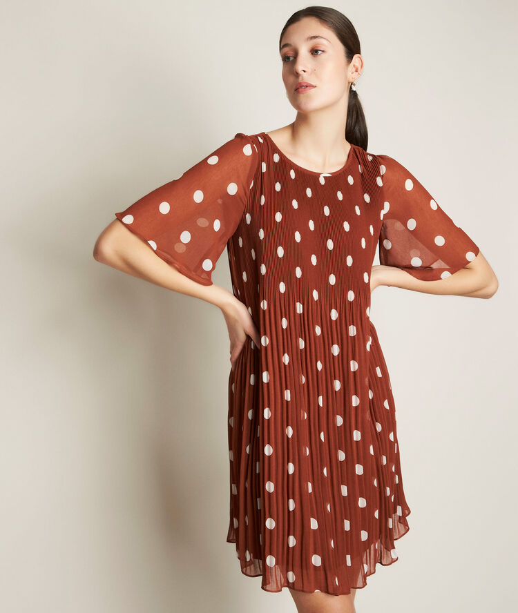 Coralia pleated polka dot dress cinnamon.